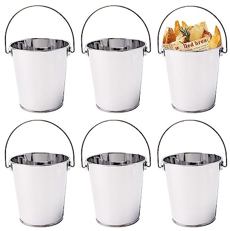 Alunsito 6pcs Metal Serving Buckets, Mini Stainless Steel Bucket, Small Metallic Pails with Handle for Party Favors, Party Supplies, Candy, Votive Candles, Trinkets, Plants, Silver, 3.5 W x 3.7 H