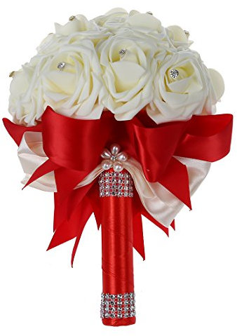 Ghulumn Magnifique bouquet de mariée pour demoiselle d'honneur Bouquet de fleurs artificielles Blanc rouge et blanc