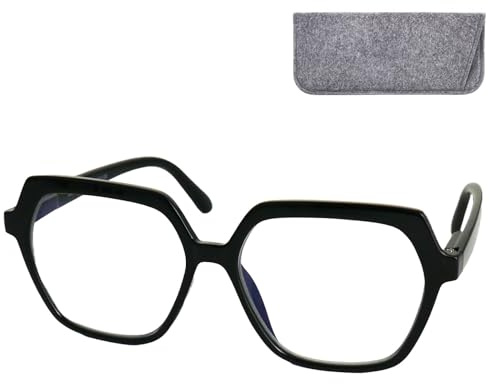 Mini Brille - Lunettes de Lecture Vintage Hexagonale Grande, Monture Plastique Oversize (Noir), Boîte Incluse, Lunette Loupe Femme + 1.0 Dioptrie