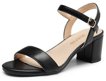 DREAM PAIRS Women's Low Heels Block Open Toe Ankle Strap Classic Short Chunky Sandals with Buckle for Daily Work Wedding Party,Size 7W,Black,DWUWHS2503