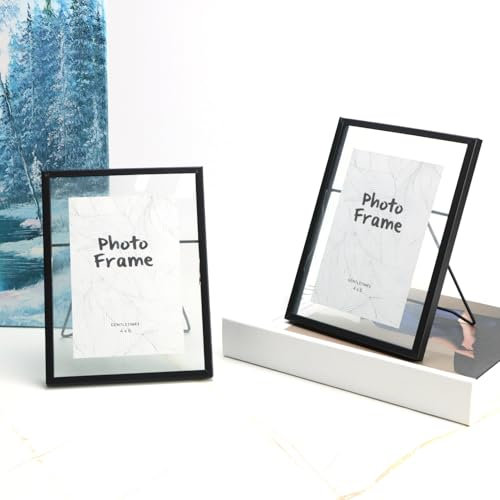 QWORK® 2 Pack 4x 6'' Glass Picture Frames, Black Photo Frames,Floating Frame with Stand, for Photos, Art, and Decorations