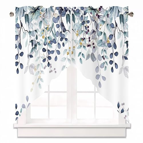 AYTTBIS Dark Blue Eucalyptus Swag Curtain Valance for Windows,Watercolor Leaves Window Treatments Short Swag Topper for Kitchen Windows Bathroom Bedroom,28 x 36 Inch, 1 Pair