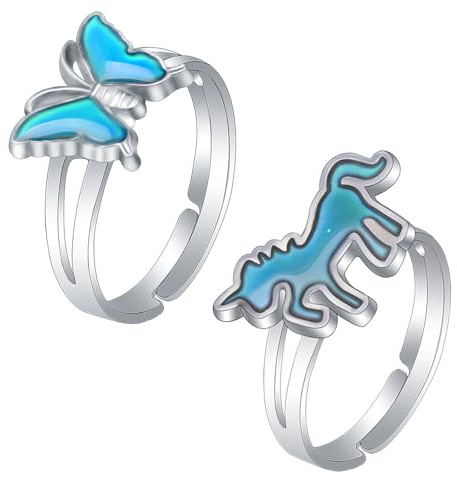 BelleVive 2 pièces bagues d'humeur, Changement de Couleur, Adorable Licorne, bagues Ajustables, Accessoires de Costume pour Enfants, Filles, garçons, Anneaux de Jeu pour fête, Cadeau d'anniversaire