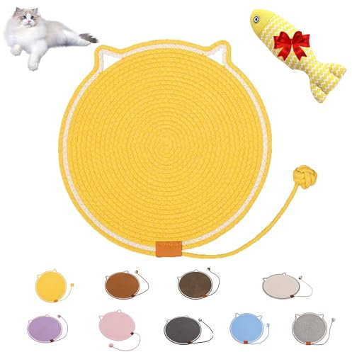 Kratzwunder Doppel-Kratzmatte Katze, Dual Scratching Pad, Katzen Kratzmatte Aus Natürlichem Baumwollseil, Kratzteppich Katze (Gelb, 50cm*50cm)