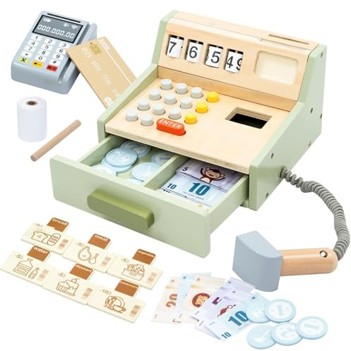 Wooden Toy Cash Register for Kids, Pretend Play Shop with Money Scanner and Credit Card, Montessori Toddler Grocery Cashier Role Play Educational Toy Preschool Learning Gift for Boys Girls Ages 3+