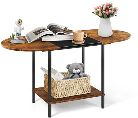 NOVIMANGO Kleiner Couchtisch, 90 cm hölzerner Beistelltische, Spanplatte, Wohnzimmertisch, 2-stufige ovale offene Aufbewahrungstisch für kleine Wohnräume/Büro, Rustikales Braun