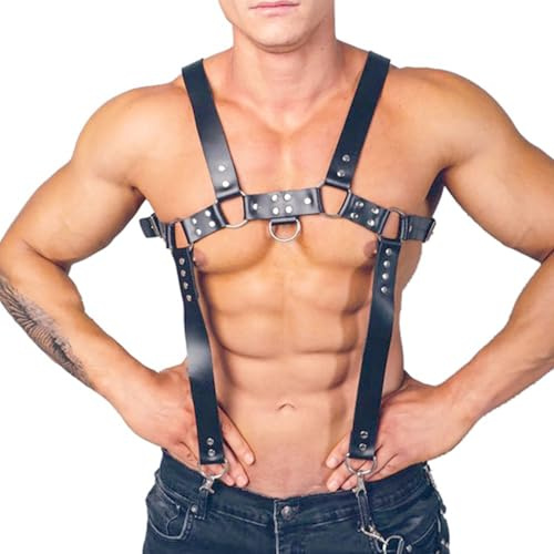 HALDILIGANER Mens Leather Harness, Adjustable Goth Men Body Chest Harness, Steampunk Shoulder Belts Suspenders for Costume Parties