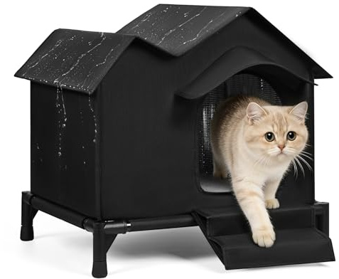 Large Outdoor Elevated Double-roof Waterproof Outdoor Cat House with Stairs, Winter and Summer Weatherproof&Warm Cat House with Soft Cushions and Small Eaves，Black