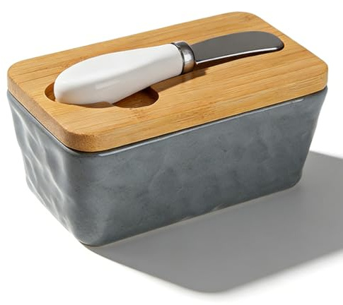 LoNinLoAn Ceramic Butter Dish with Lid, 400ML Grey