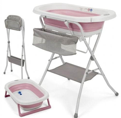 BATHBY| Bañera Plegable de Bebé y con Soporte de Patas Antideslizantes | Portátil | Tubo de Desagüe | Cesta para Juguetes y Organizador Lateral para Champú | Ligera, Compacta y Segura para Baño (Rosa)