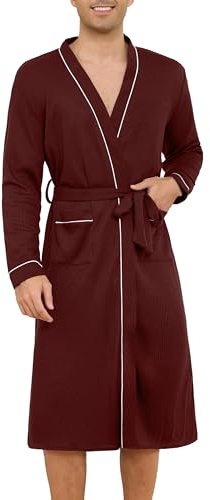 Lovasy Accappatoio Uomo Nido d'Ape Cotone Vestaglia Leggero in Maglia Waffle a Maniche Lunghe Morbido e Leggero Lunghezza al ginocchio Kimono con scollo a V e Cintura,A-Rosso vino,S