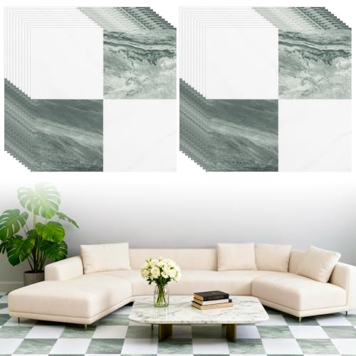 CYEER PVC-golvplattor självhäftande 30 x 30 cm, 20 stycken vinylgolv 0,7 mm, grön-vitt marmormönster, ca 1,8 m² golvbeläggning för kök, hall, gästtoalett och gör-det-själv-renovering