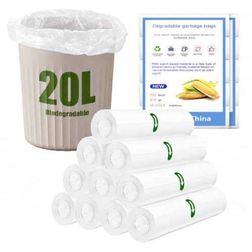 NARYVORA 200 Pezzi Sacchetti Umido Biodegradabili 20L, 10 Rollen 50x60cm Sacchetti Spazzatura, 4-6 Gal Buste Immondizia per Cucina, Ufficio, Soggiorno, Bagno, Bianco