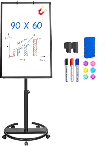 maxtek Flip Chart Whiteboard 90 x 60 cm, Mobile Magnetic White Board Stand | Black Aluminum Frame, Height Adjustable Portable Flipchart, Includes 1 Eraser, 3 Markers & 6 Magnets