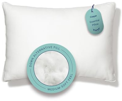 Casper Sleep Essential Pillow, Standard Size – Medium Soft Feel, Down-Alternative Fill, Supports Side, Back & Stomach Sleepers