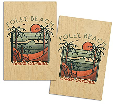 Folly Beach, South Carolina, Palm Trees and Beach Scene, Block Lines, (4x6 Birch Wood Postcards, 2-Pack Stationary, Rustic Home Wall Decor)