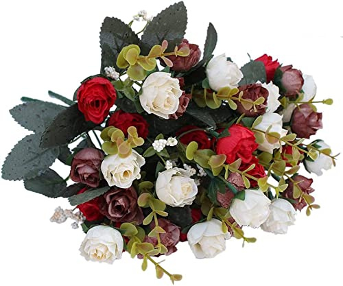 Powomuge Fiori Finti per Decorazioni, 21 Teste Di Foiri Artificiali, 2 Bouquets Fiori Artificiali per Decorazioni, Matrimoni E Abitazioni, Fiore Finto per Cimitero (Rosso)
