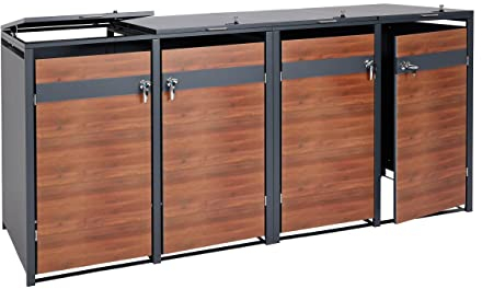 4er Mülltonnenverkleidung HWC-J82, Mülltonnenbox, erweiterbar, Metall 100kg, anthrazit - Kirsche-Holzoptik Dunkelbraun