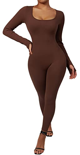 DOULAFASS Women Ribbed One Piece Jumpsuits Yoga Long Sleeve Workout Seamless Jumpsuits Ladies Outfit