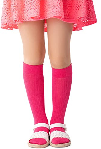 NOQ Niños Niñas rayas hasta la rodilla 100 DEN cómodo suave cálido calcetines flexibles niños pequeños Casual lindo uniforme escolar vestido sobre la pantorrilla un par Molly, Raspberry 14/16 cm