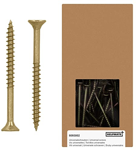 HELPMATE - Viti universali a testa svasata 5,0 x 60 giallo passivato - Confezione da 200 viti per legno con attacco PZ 2 e filettatura parziale - Viti per truciolato per interni ed esterni protetti