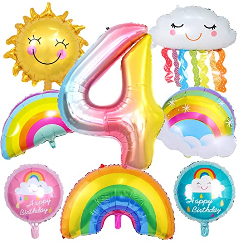 Regenbogen Geburtstagsdeko 4, Folienballon Wolken, Zahl 4 Ballon, Luftballons Wolken Quasten, Helium Ballon Sonne, für Jungen Mädchen Geburtstag Party Dekoration