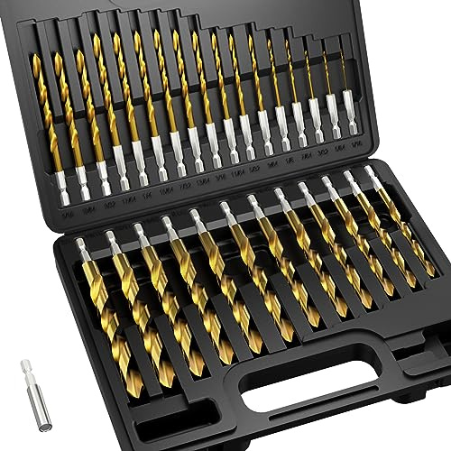 MACXCOIP Hex Shank Drill Bit Set, 30Pcs HSS Titanium Twist Drill Bit for Sheet Metal, Wood, Plastic, Quick Change Design (1/16 - 1/2)