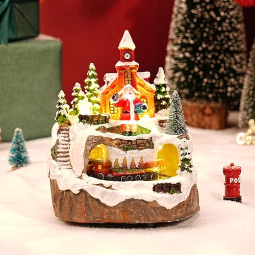 Auniq Weihnachtsdorf Szene mit drehendem Zug, LED Weihnachtsschneestadt Szene Leuchtende Dorfhaus Ornament Harz Weihnachtsdekorationen mit Licht & Musik für Party Heim Dekorationen Home Xmas Gift