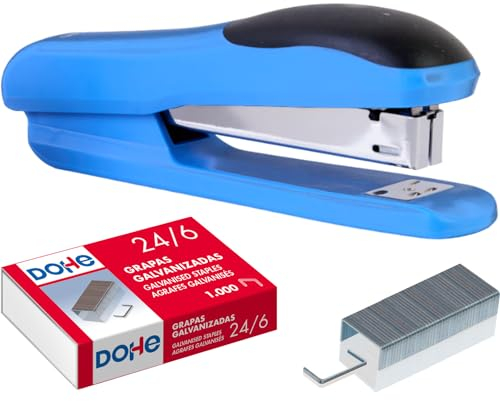 Dohe - Heftgerät mit 1000 Heftklammern 24/6 - Größe 4 x 6 x 15 cm, Kapazität 20 Blatt, unterstützt 150 Heftklammern - Bürobedarf - Blau