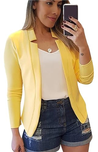 ZICUE Elegante Blazer con Solapa De Mujer Slim Fit Blazer Suave con Frente Abierto Blazer De Manga Larga Casual Business Blazer Corto Amarillo L