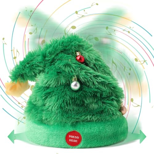 SdeNow Electric Singing Dancing Santa Hat 27 Swing Moving Animated Christmas Tree Hat Shaking Interactive Musical Christmas Hat for Kids Adults Decor