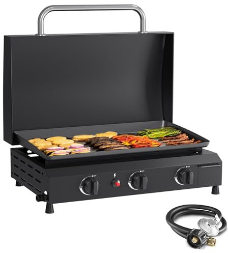 SKOK Plancha de gas de 3 quemadores con capucha, parrilla de propano para exteriores de 23.3 pulgadas, 30000 BTU alimentada con propano, parrilla de gas portátil con tapa para cocina, barbacoa al aire