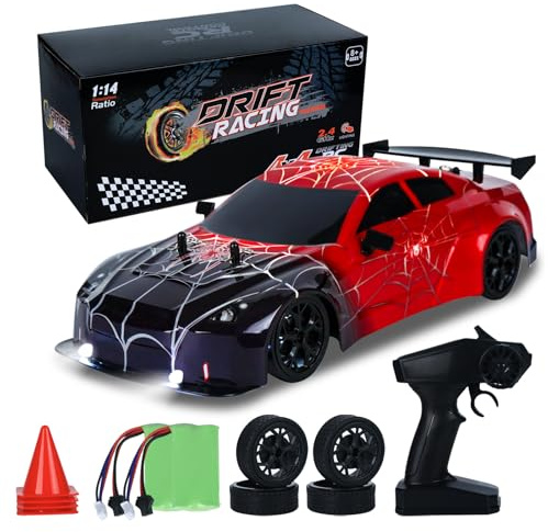 iBlivers Fjärrstyrd drift bil, 1:14 fjärrstyrt monstertruck skal med helproportionell gasspak 4WD drift GT RC bilar med coolt ljusfordon RC drift bil leksak för pojkar barn