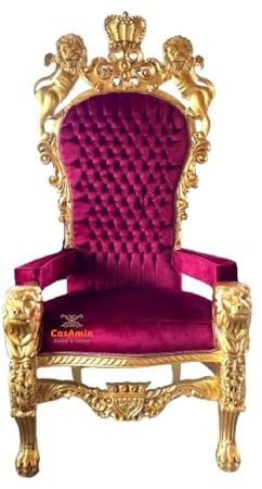 CasAmin Home & Living Giant Armchair with Golden Crown, Lion King Throne, Red Velvet, Retro Baroque Throne with Gold Finish for Commercial Party Decorations