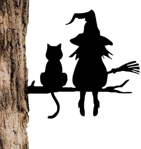 Cartel de jardín de Halloween, negro bruja gato estacas de jardín, decoración de Halloween, decoración de Halloween, decoración de jardín, bruja, decoración de jardín para jardín delantero, árbol,