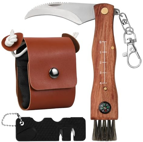 Wisebom Coltello per Funghi, Acciaio Inox Coltellino Funghi con Sacco di Raccolta, Portatile Coltello da Funghi con Spazzola Coltellino Funghi Richiudibile con Bussola per la Raccolta dei Funghi
