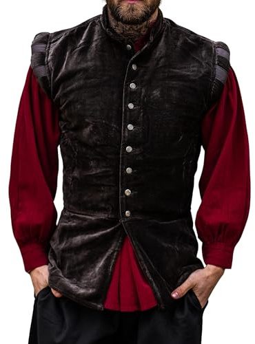 Leonardo Carbone® Veste en velours pour homme Pierre | Design luxueux | Parfait pour LARP et événements médiévaux | Gilets | Vestes | Costumes | Moyen Âge | Coton Brun L