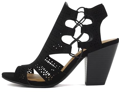 Soda Zuka ~ Women Open Toe Laser Cut High Heel Sandal with Adjustable Ankle Strap (Black Nubuck, 10)