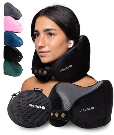 CLOUDS Cuscino da Viaggio in Memory Foam per Aereo e Auto - Cuscino Cervicale Regolabile ed Ergonomico Certificato IGR, Fodera Lavabile con Custodia da Trasporto, 5 Colori, 2 Taglie (Nero, S/M)