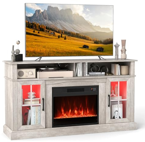 TANGZON Electric Fireplace Insert TV Stand, Freestanding Media Console Table Entertainment Center with 1800-2000W Heater & Remote Control (Gray, 24 Fireplace,148x41x81cm for 65 TV)