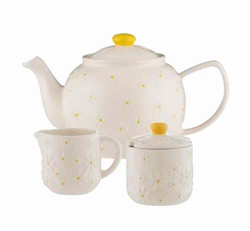 Price & Kensington Daisy Pattern Tea Set, Ceramic Teapot with Creamer and Sugar Bowl, White and Yellow
