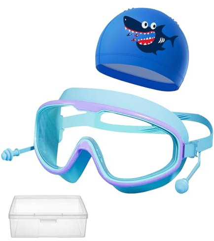Wohlstand Kinder Schwimmen Brille,Kinder Schwimmbrille Badekappe,Antibeschlag Wasserbrille,UV-Schutz, KEIN Auslaufen,Schwimmmaske mit Großen Gläsern (Blau)
