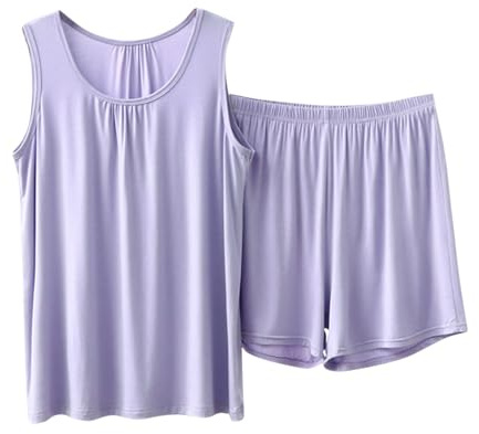 Pijama Verano Mujer,Conjuntos Pijamas Mujer Verano Dos Piezas Cuello Redondo Camisetas Sin Mangas y Pantalon Corto Sexy Chaleco Cómodo Conjunto Traje de Casa Suave Ropa de Dormir