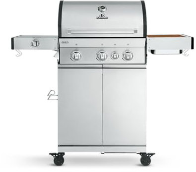 BURNHARD® - Deutsche Marke - 3-Brenner Gasgrill FRED Deluxe + Drehspieß Rotisserie, inkl. Backburner, 900°C Infrarot-Keramikbrenner, Seitenkochfeld, Gusseisen-Grillrost, Grillabdeckung