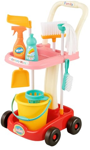 Gigzo Land Kids Cleaning Play Set with Portable Trolley – Pretend Play Cleaning Kit with Broom, Mop & Accessories – Kids Cleaning Trolley Set with Accessories for Toddler Aged 3+