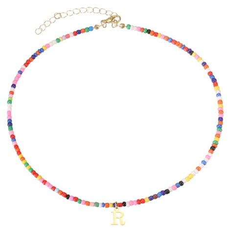 QUARKZMAN Färgglada initialer pärlhalsband för kvinnor, handgjorda Choker Halsband Bohemiskt Alfabet Hängsmycke 18K Guldpläterad För Flickor Födelsedagspresent (Bokstaven R)