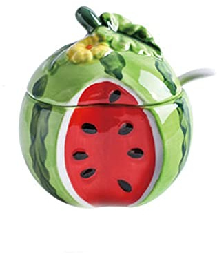 JINGYAN Shakers à épices Jarre de Rangement en céramique à Fruits pour la Cuisine avec Couvercle et cuillère, Peut contenir du Sucre, du sel et d'autres assaisonnements (pastèque Rouge)