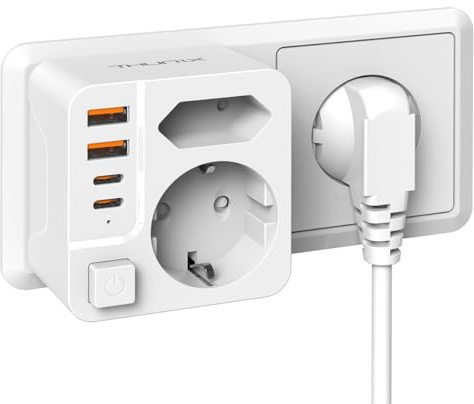 Enchufe Doble con USB C, THUNIX 6 en 1 Ladron Enchufes 4000W Enchufes Múltiples Pared con 2 USB C PD20W y 2 USB A con Interruptor para Hogar Oficina Viajes,Blanco