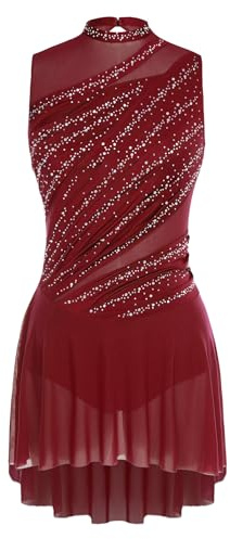 winying Robe De Danse Lyrique pour Femmes Robe De Patinage Artistique Strass Tenue De Ballet sans Manches Bourgogne M