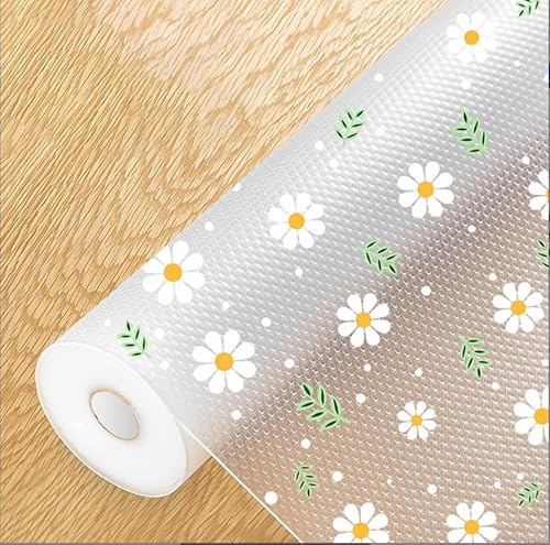 Drawer Liners, Food Grade EVA Material Fridge Liners with Fresh Leafy Daisy Pattern, Non-Slip Waterproof, Dustproof, Non-Adhesive, Kitchen Cupboard Liner 30x300CM, for Kitchen, Bathroom, Living Room